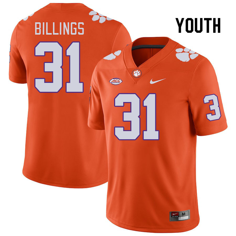 Youth Clemson Tigers Rob Billings #31 College Orange NCAA Authentic Football Stitched Jersey 23PD30EY